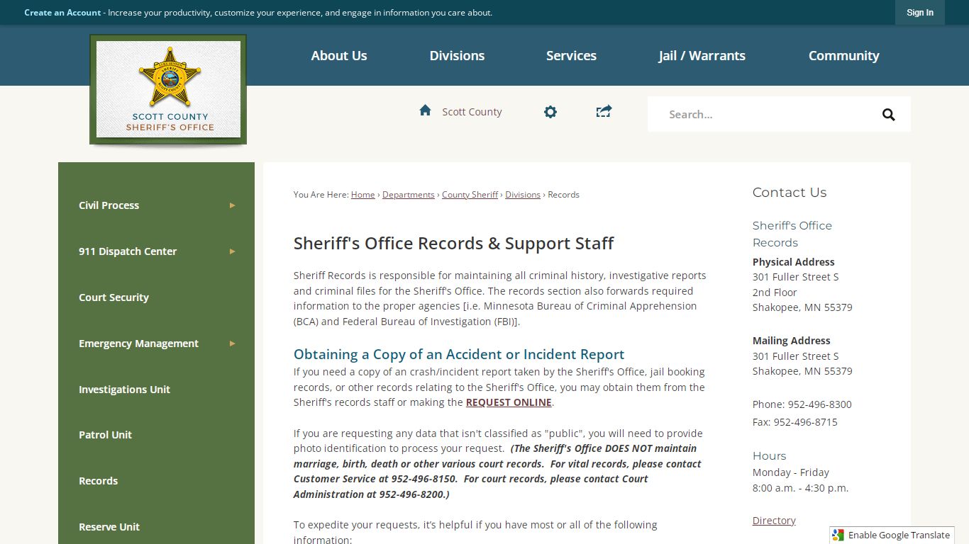 Sheriff's Office Records & Support Staff | Scott County, MN